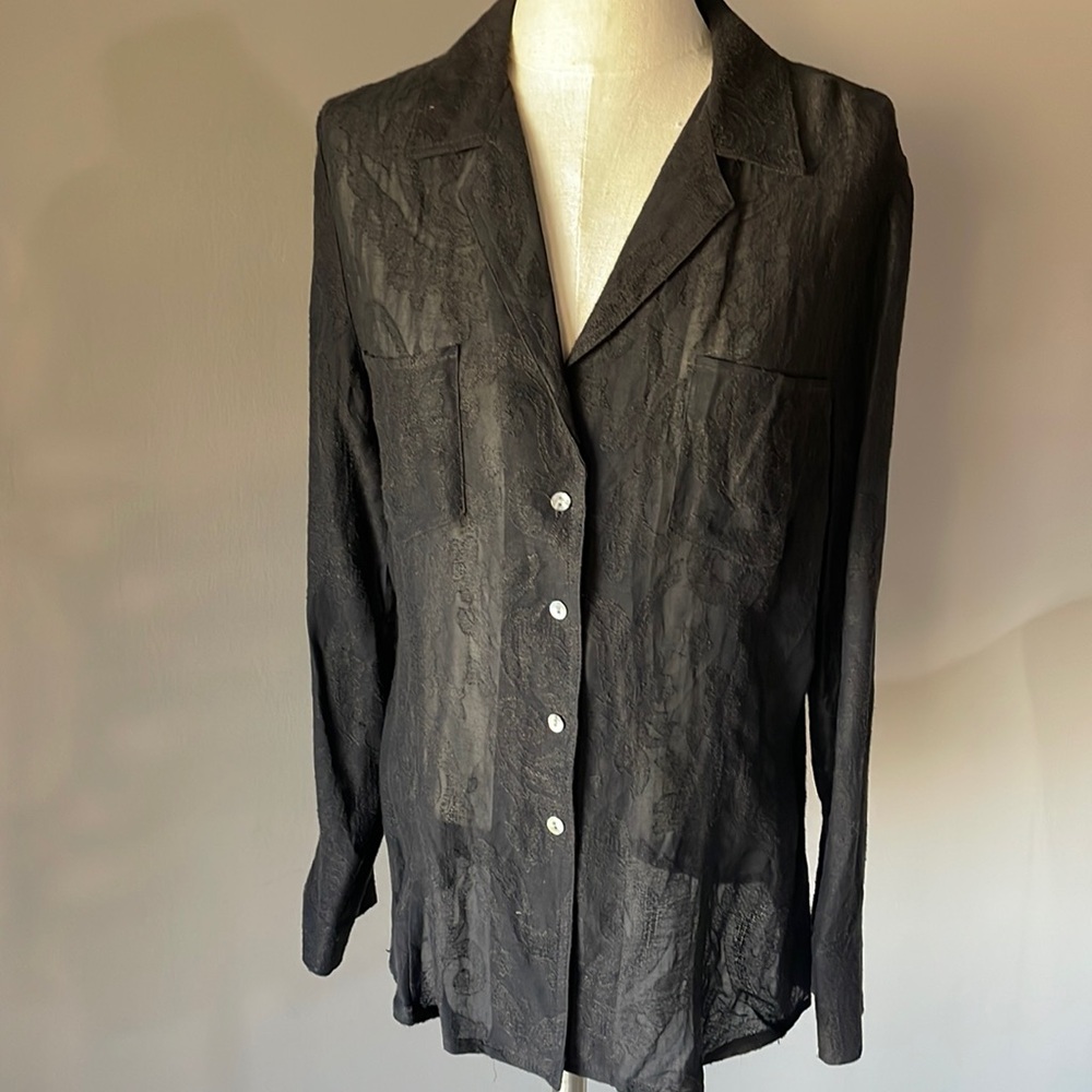 Cynthia Steffe women’s black semi sheer JACQUARD blouse button down size 14